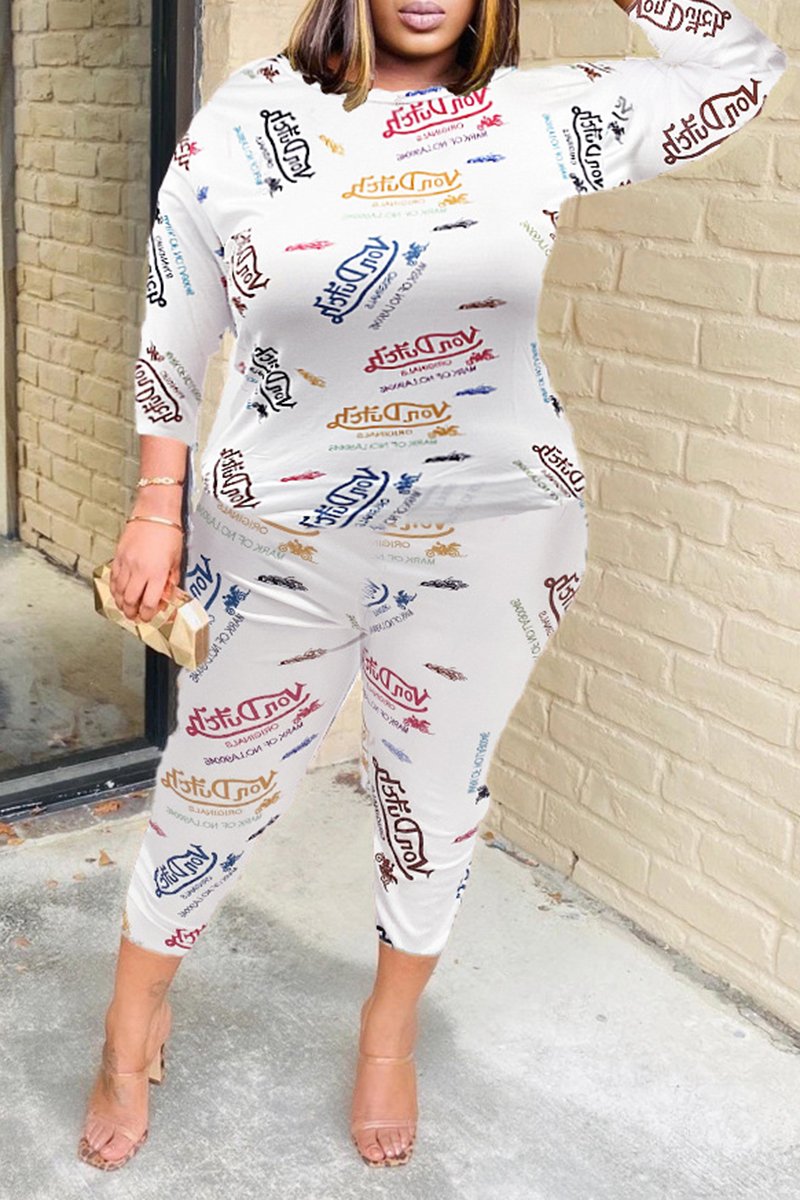 Plus Size Digital Print Round Neck Two Piece Outfits