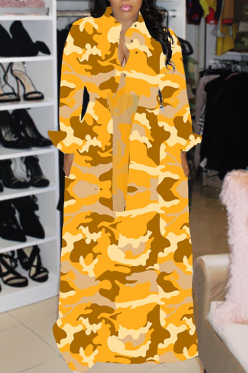 Plus Size Camouflage Button Maxi Dress With Belt