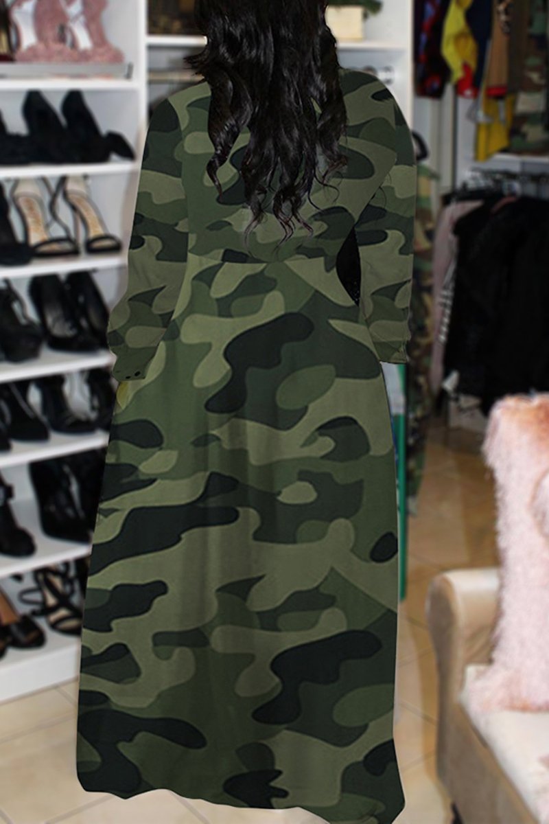 Plus Size Camouflage Button Maxi Dress With Belt