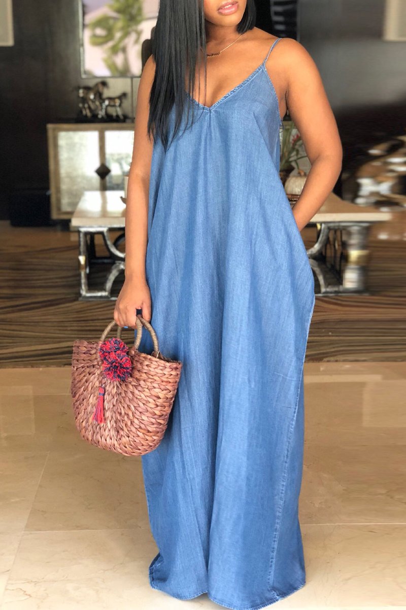 Plus Size Denim Spaghetti Straps Maxi Dress