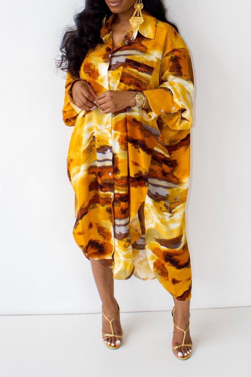 Plus Size Digital Print Side Slit Casual Dress