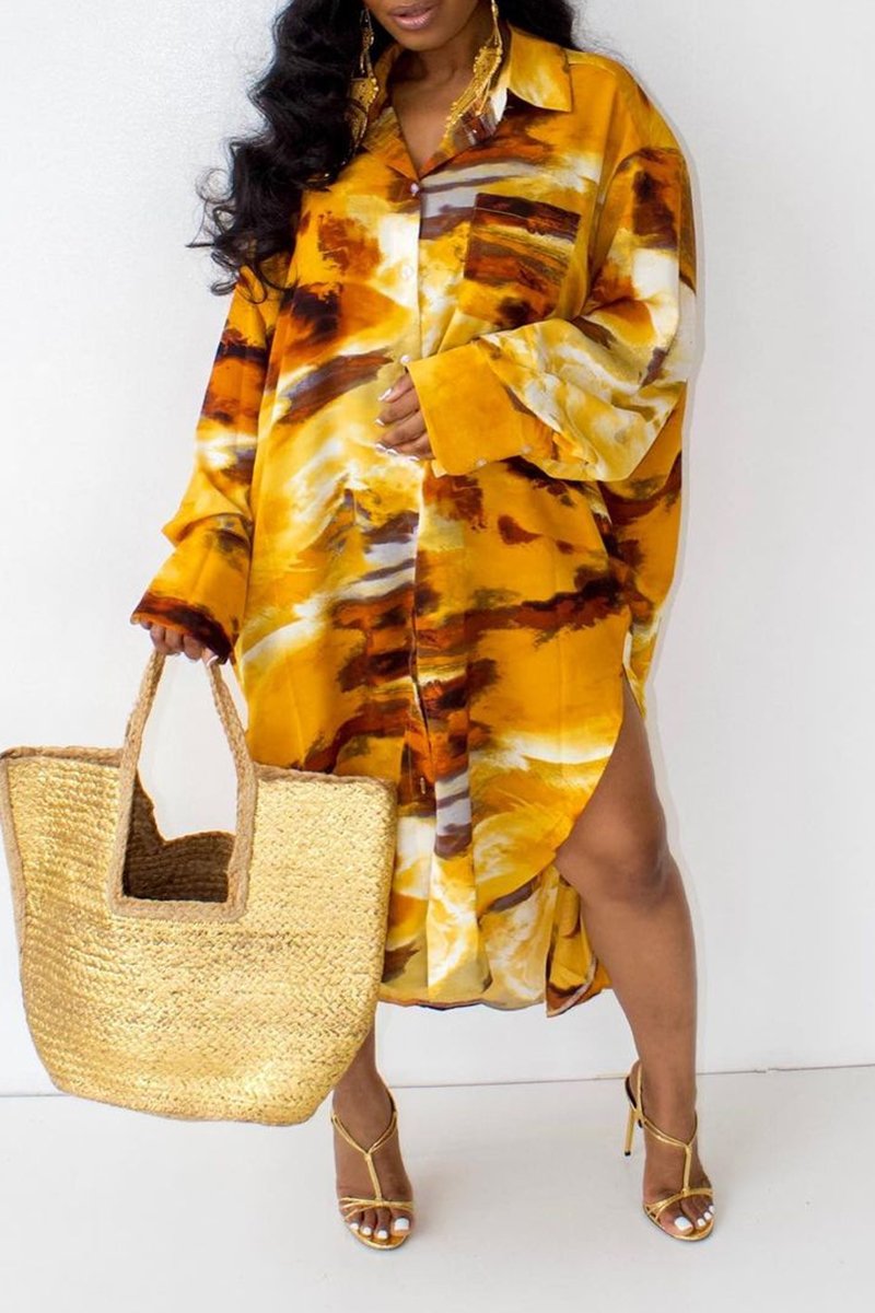 Plus Size Digital Print Side Slit Casual Dress