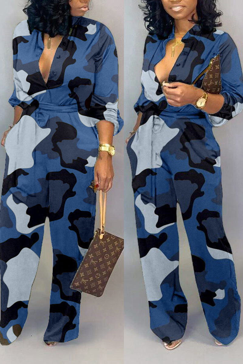 Plus Size Camouflage Print Belted Jumpsuit