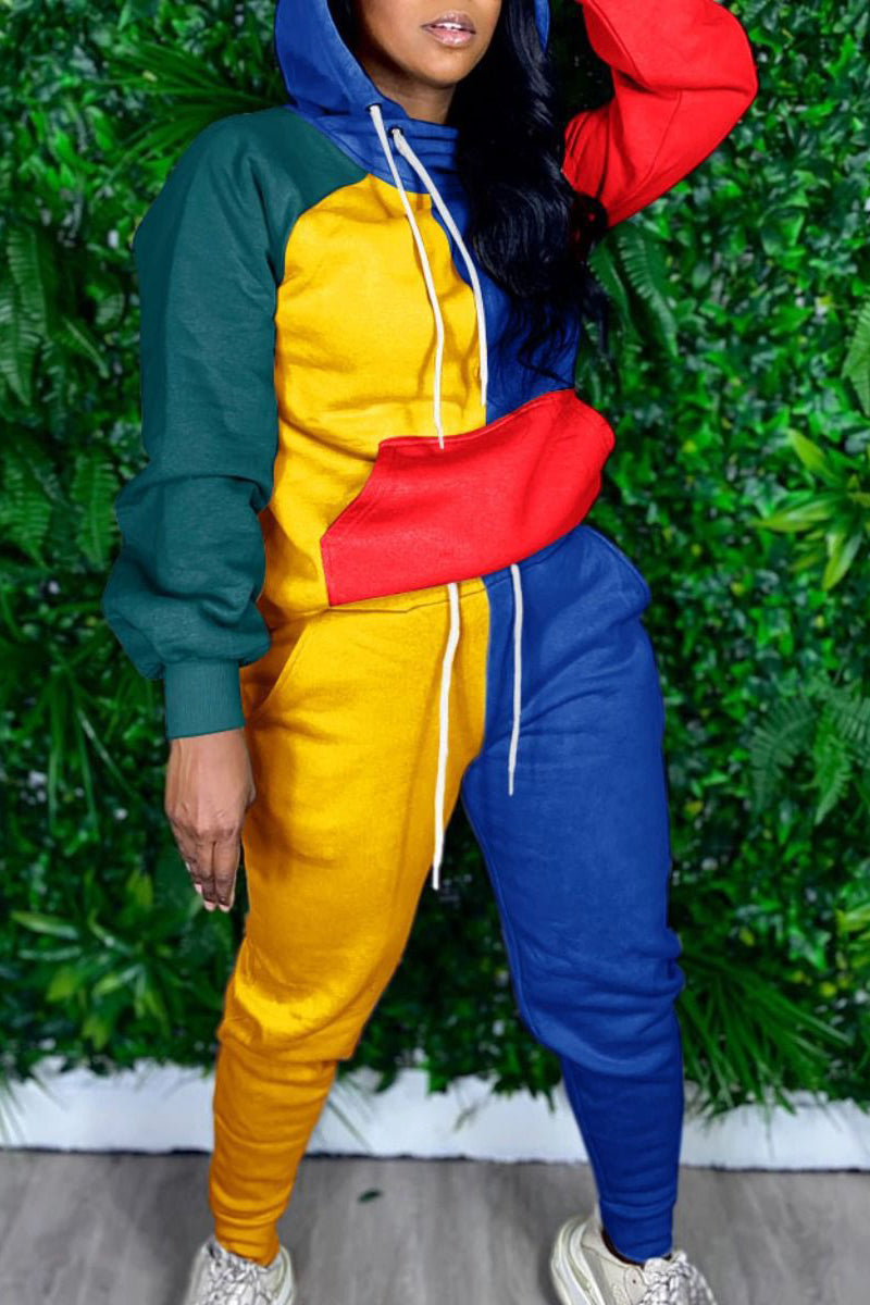 Plus Size Color Block Hooded Collar Two Piece Sets