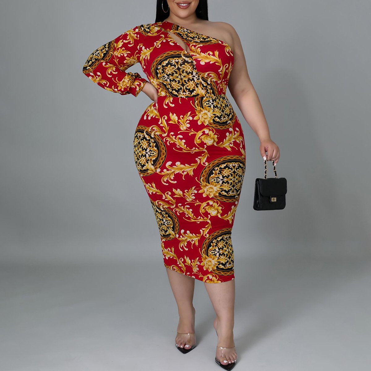 Plus Size Digital Print One Sleeve Midi Dress