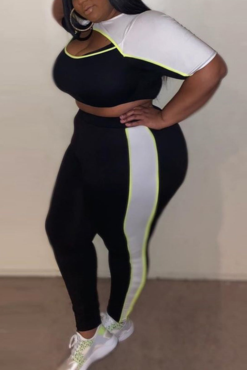 Plus Size Color Block Hollow Out Top & Pants