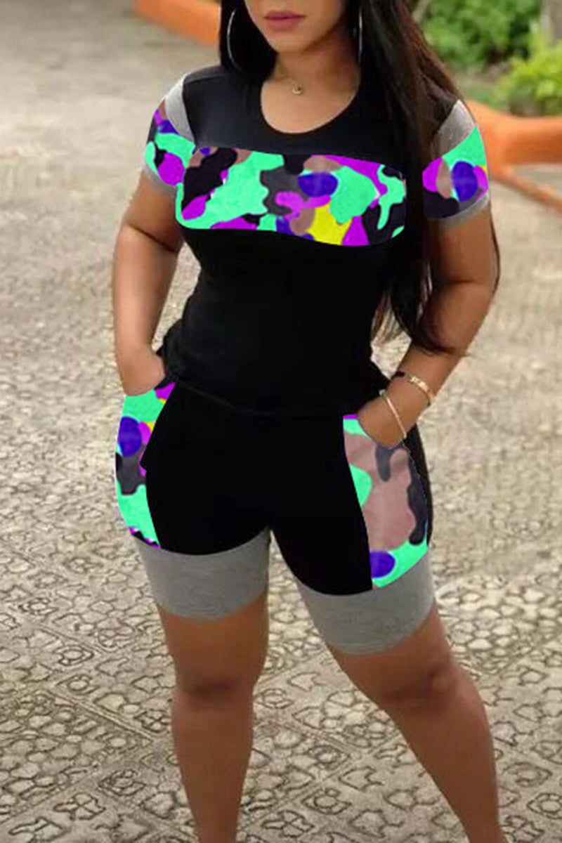 Plus Size Camouflage Patchwork Top & Shorts