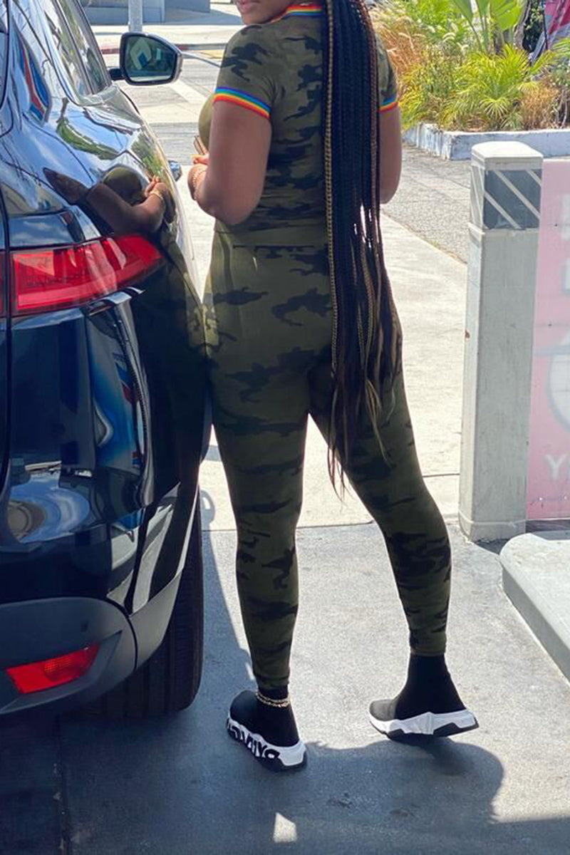 Plus Size Camouflage Side Striped Two Piece Sets