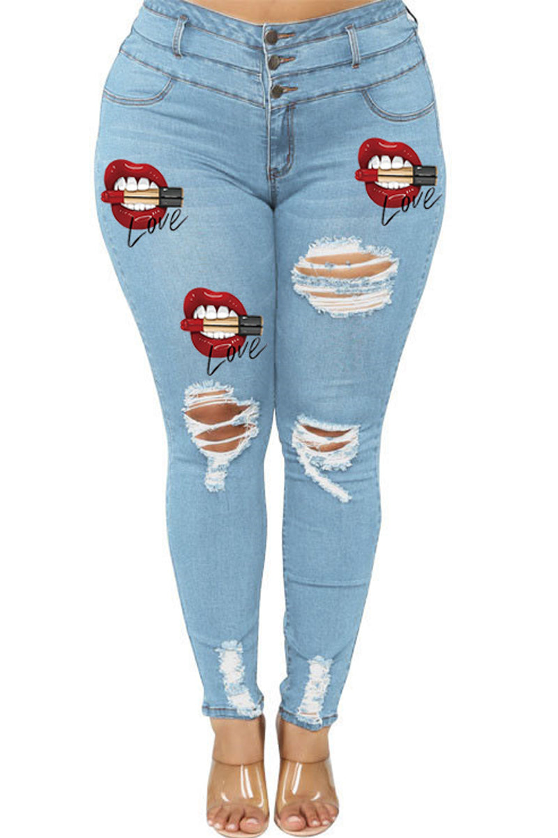 Plus Size Denim Hole Distressed Lip Pants