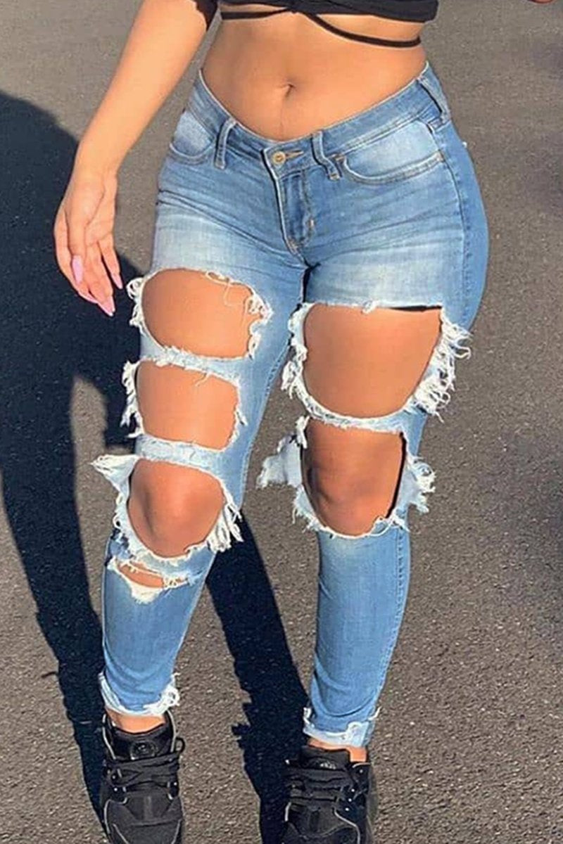 Plus Size Denim Hole Distressed Pants
