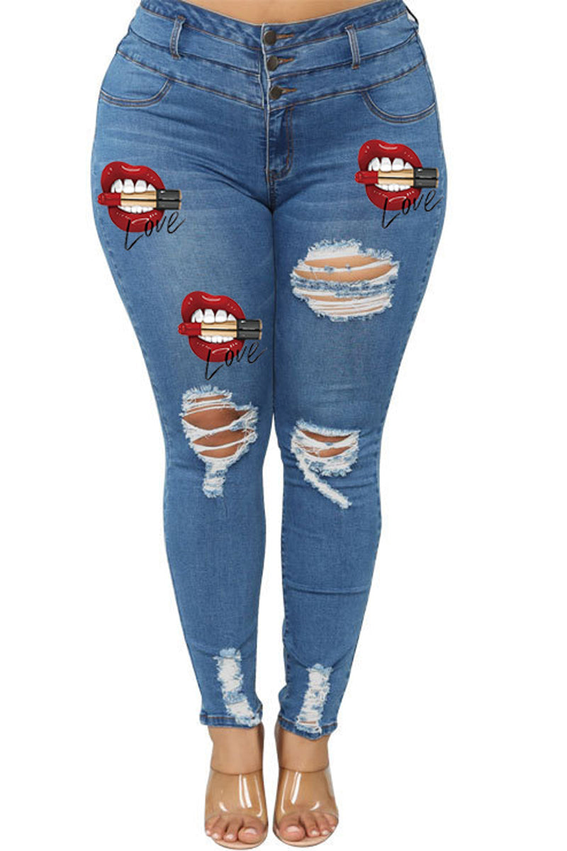 Plus Size Denim Hole Distressed Lip Pants
