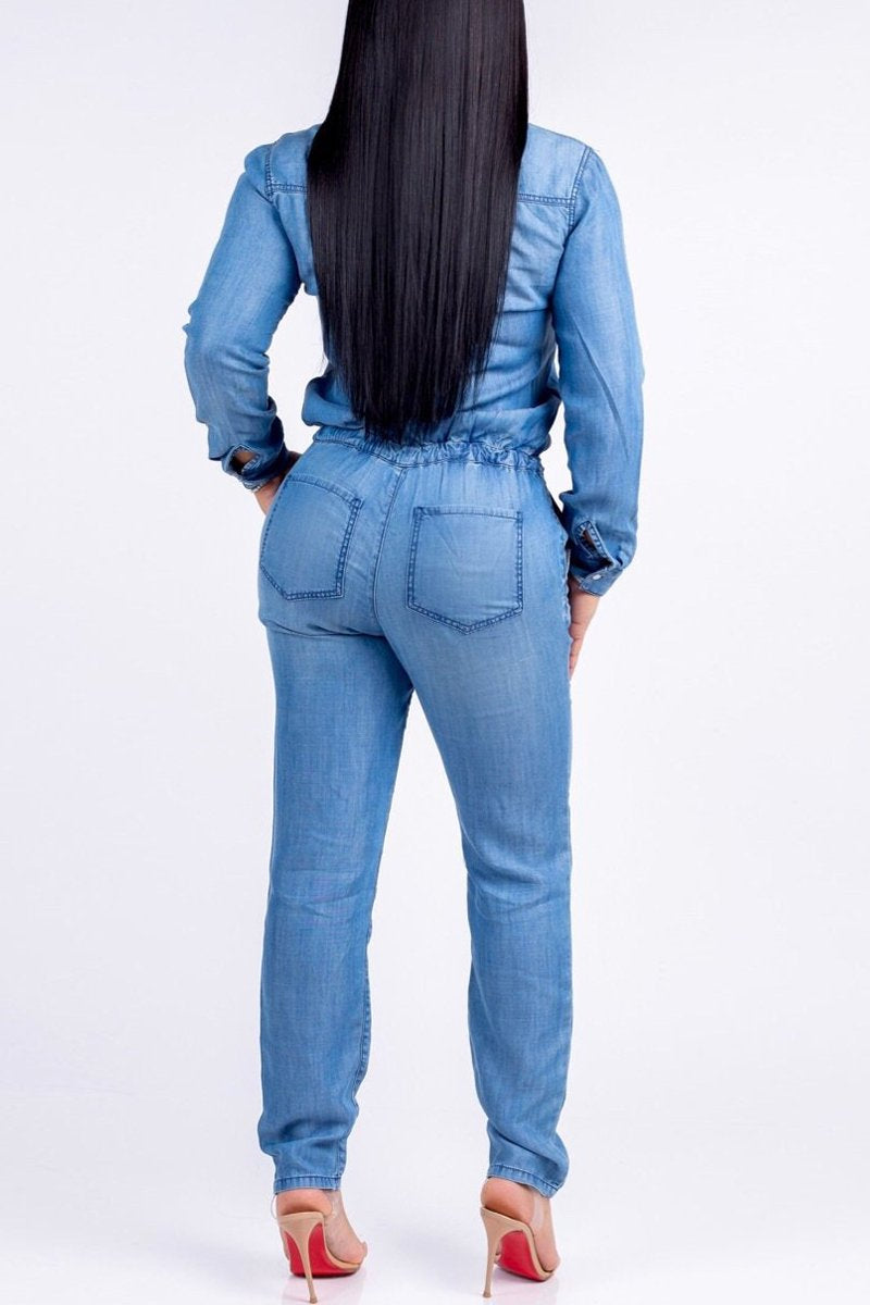 Plus Size Drawstring Turndown Collar Jumpsuit