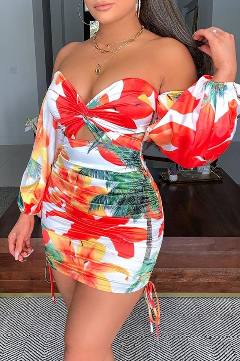 Pleated Off The Shoulder Floral Print Dress