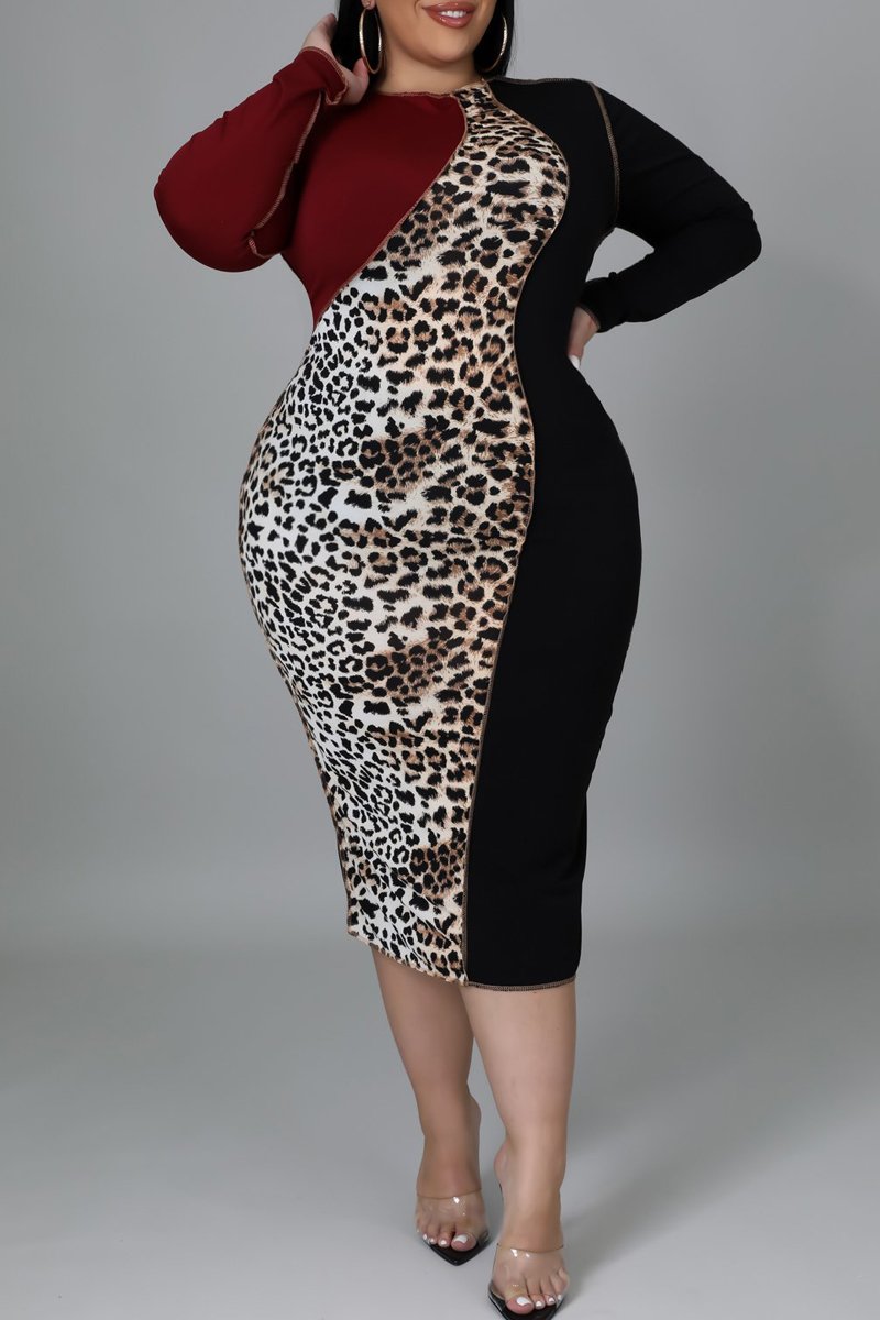 Plus Size Color Patchwork Leopard Print Midi Dress