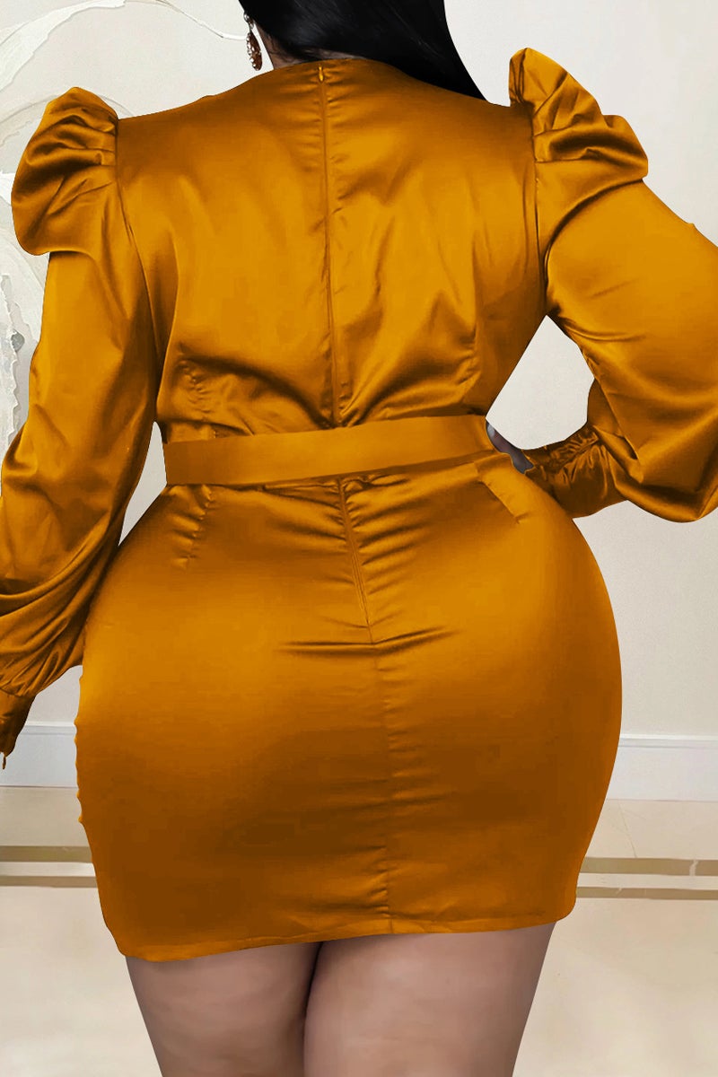 Plus Size Deep V-Neck Puff Sleeve Ruffle Dress