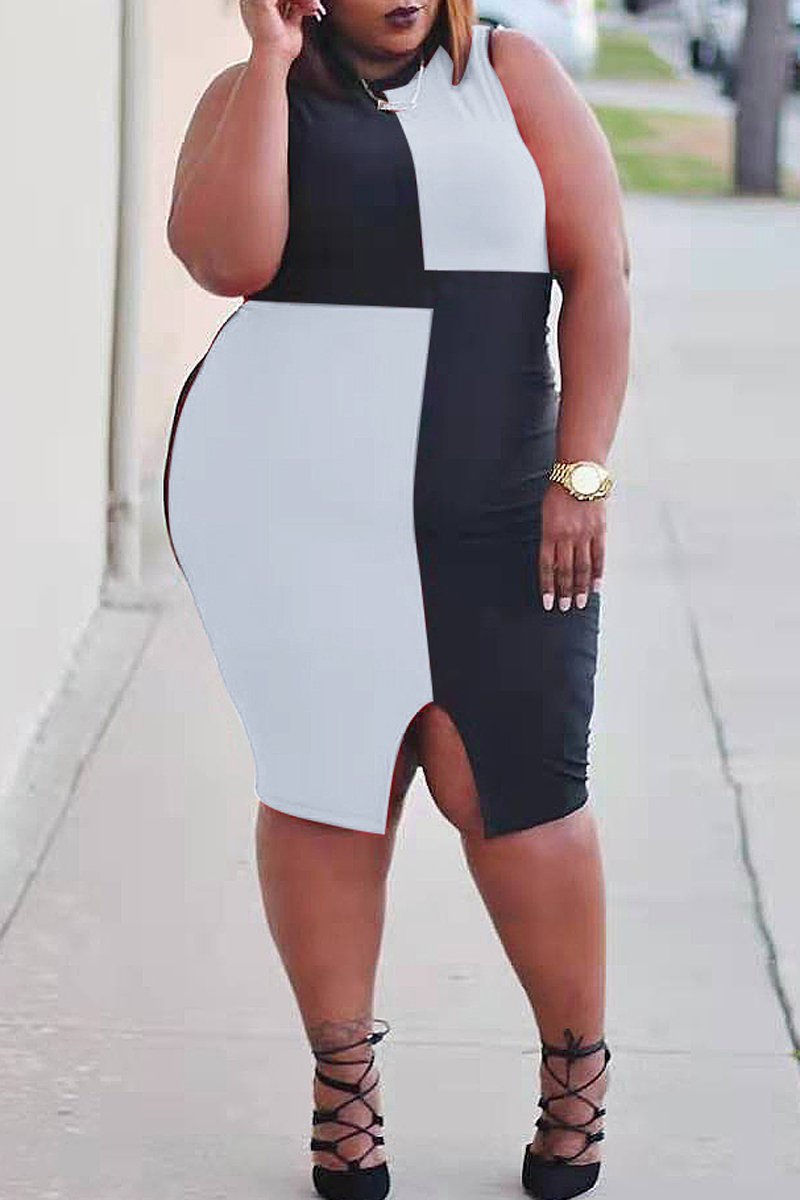 Plus Size Color Patchwork Front Slit Midi Dress