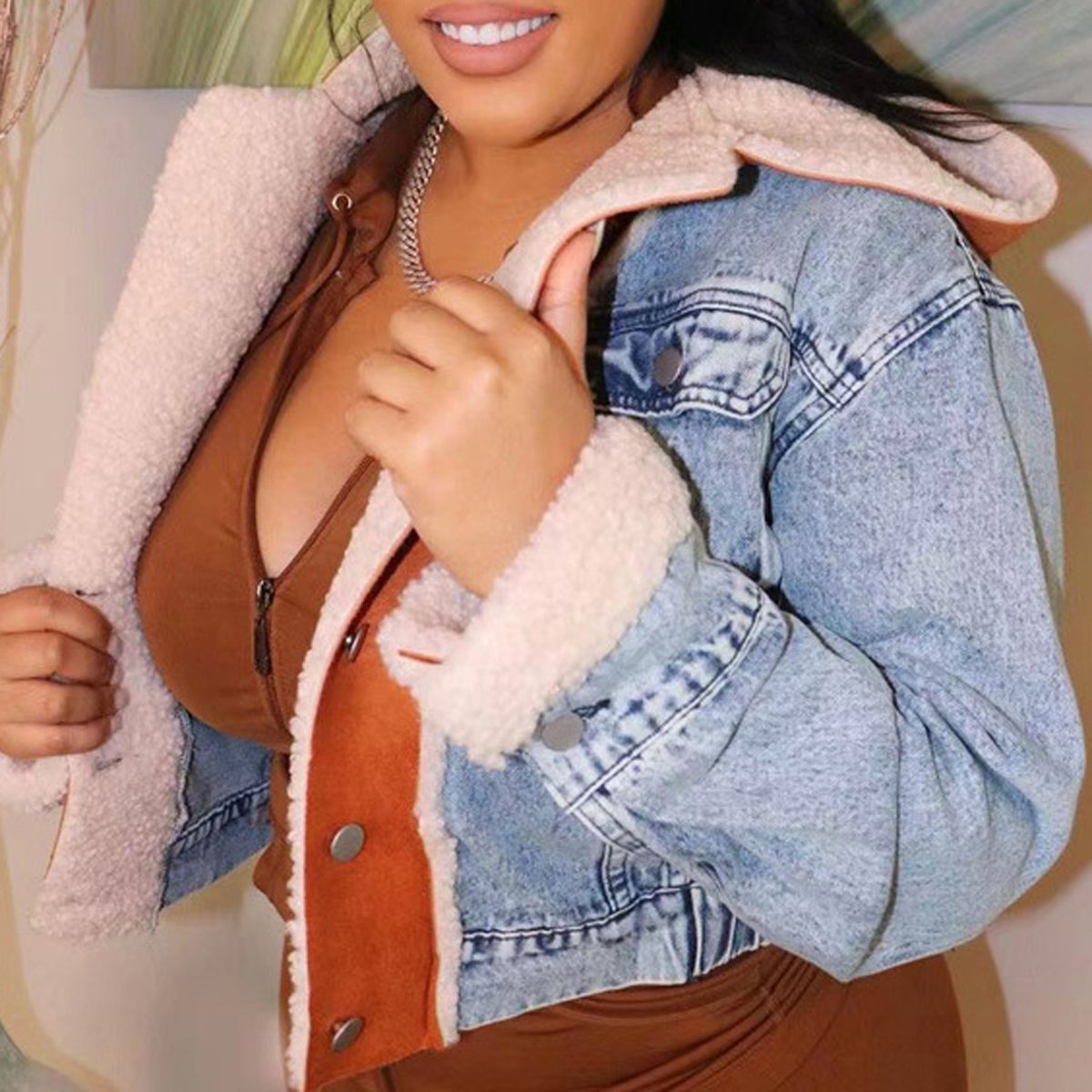 Plus Size Cashmere Hooded Denim Patchwork Coat