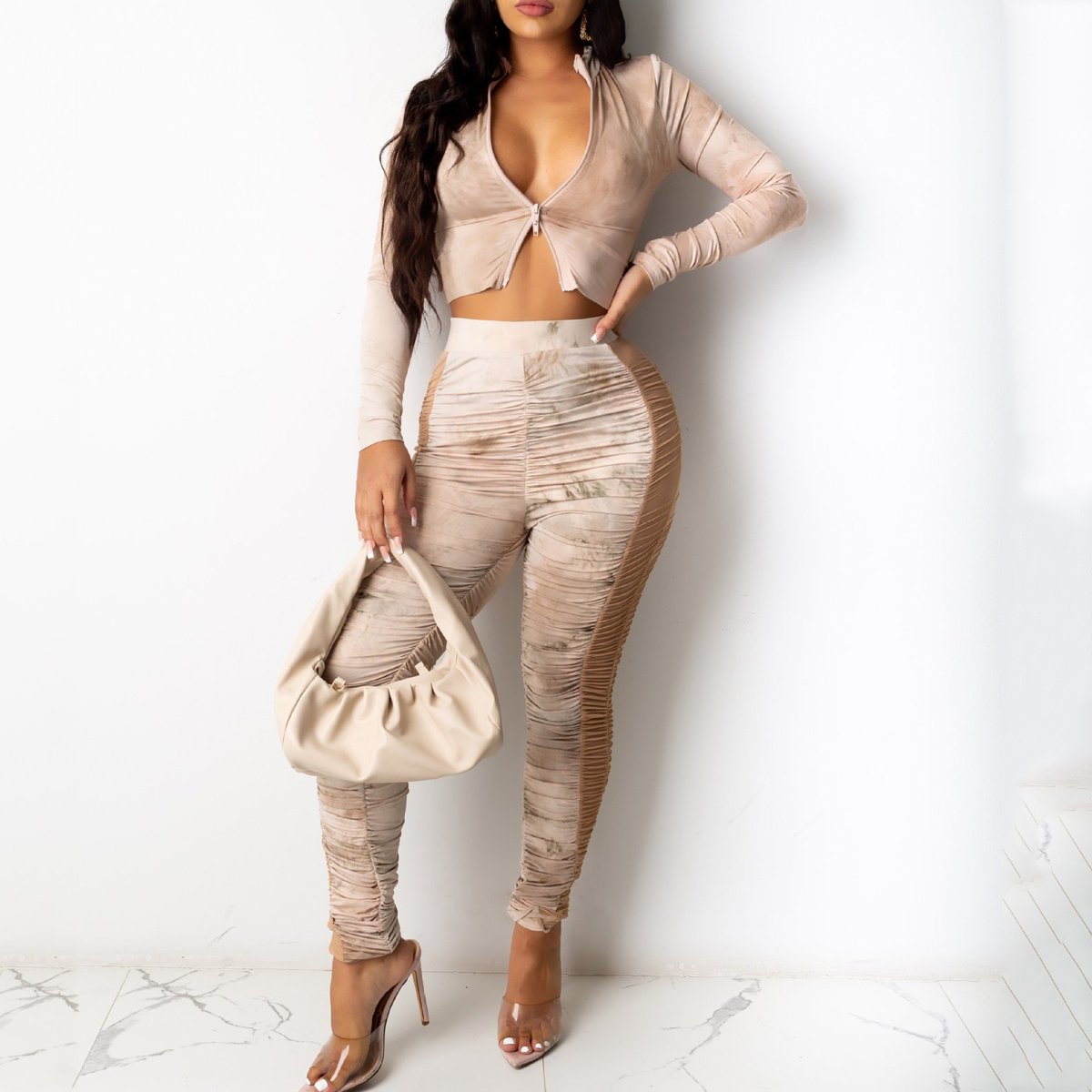 Pleated Tie Dye Zipper Collar Two Piece Sets
