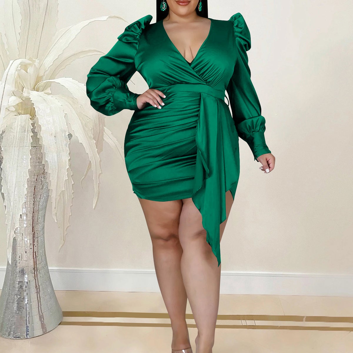 Plus Size Deep V-Neck Puff Sleeve Ruffle Dress