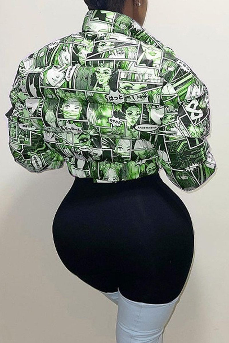 Plus Size Cartoon Print Zipper Collar Short Down Coat