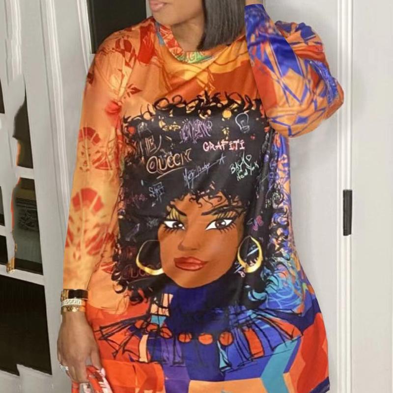 Plus Size Digital Print Long Sleeve Mini Dress