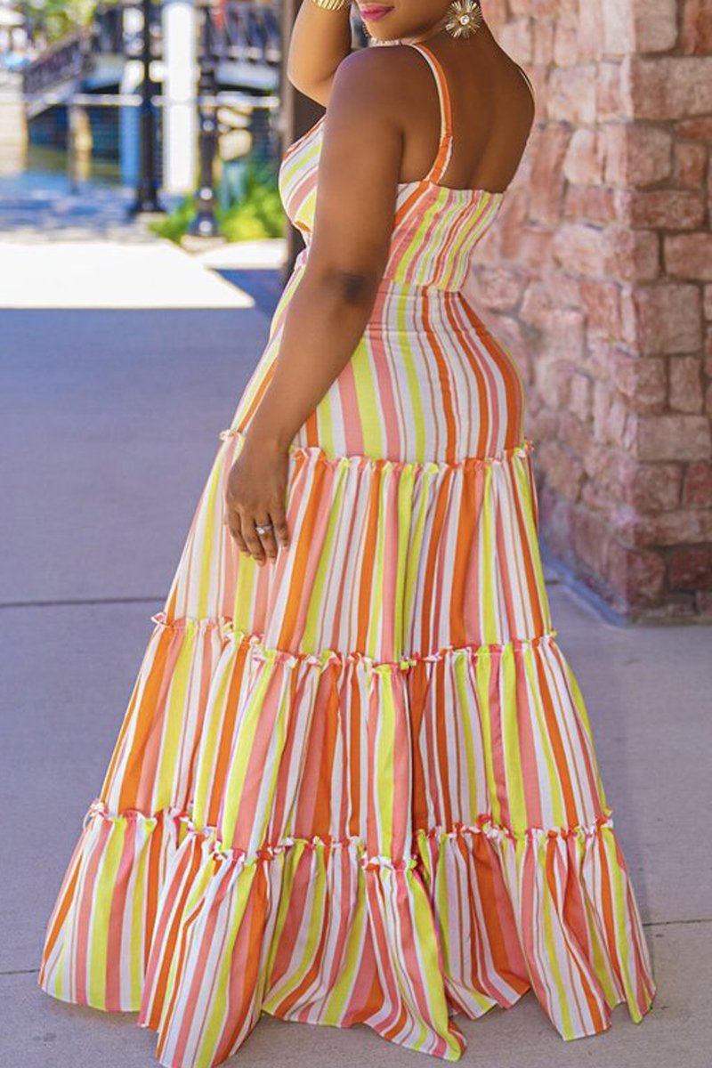 Plus Size Colorful Striped Halter Neck Ruched Dress