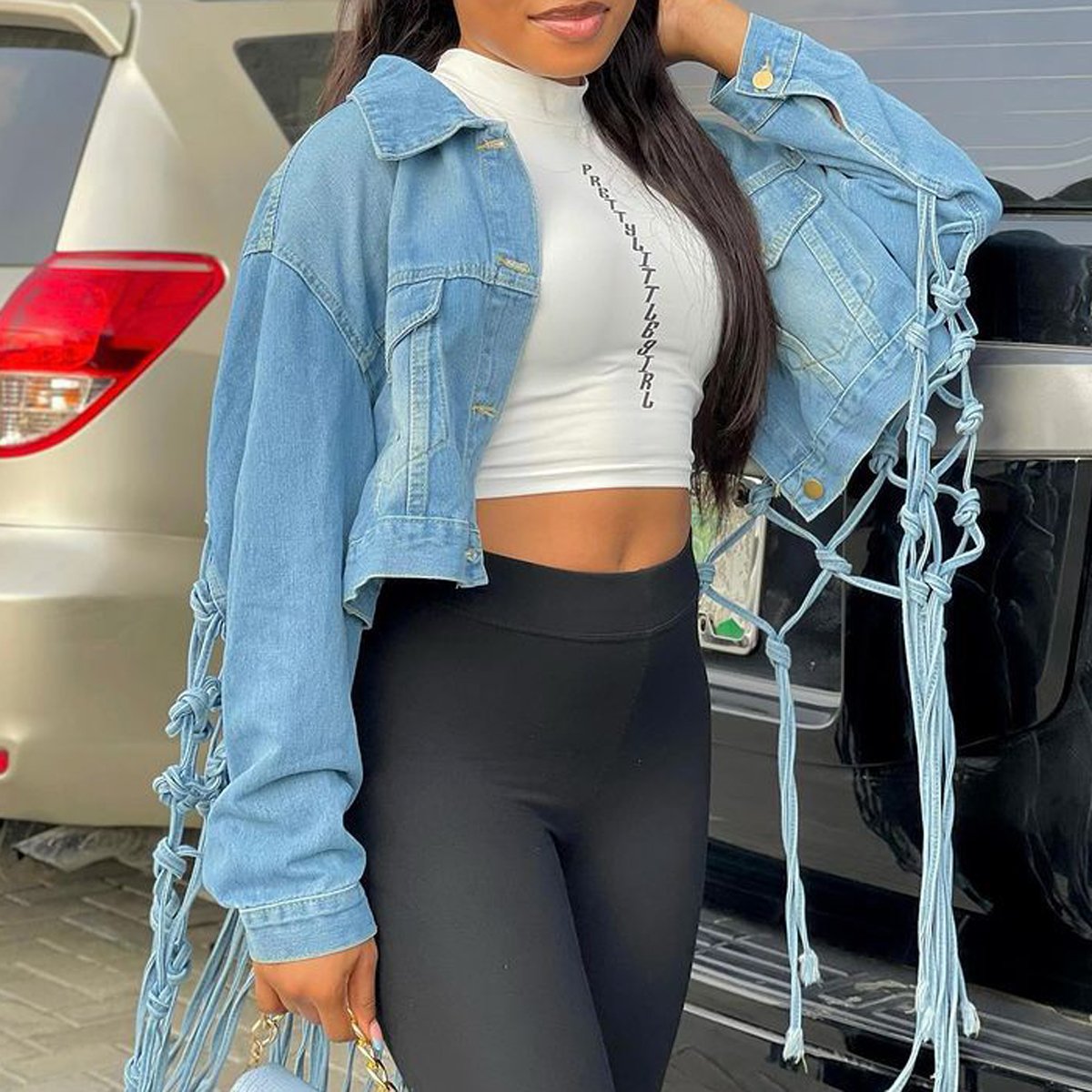 Plus Size Denim Pierced Lapel Short Woven Coat