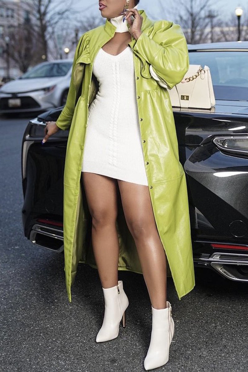 Plus Size Batwing Sleeve PU Ruffle Long Coat