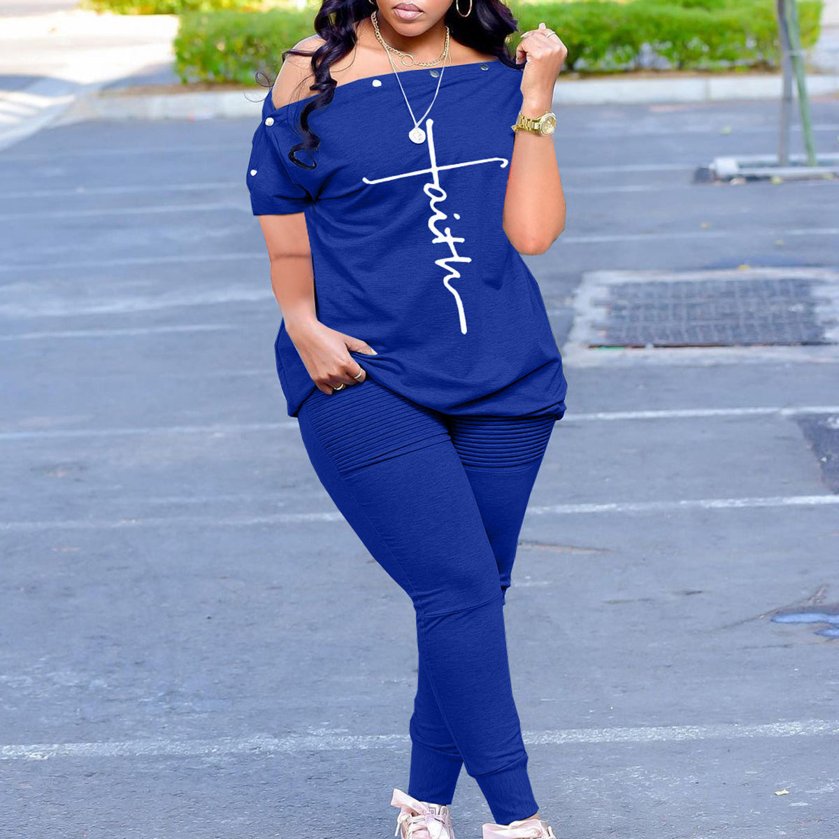 Plus Size Button Letter Print Wrinkled Two Piece Sets