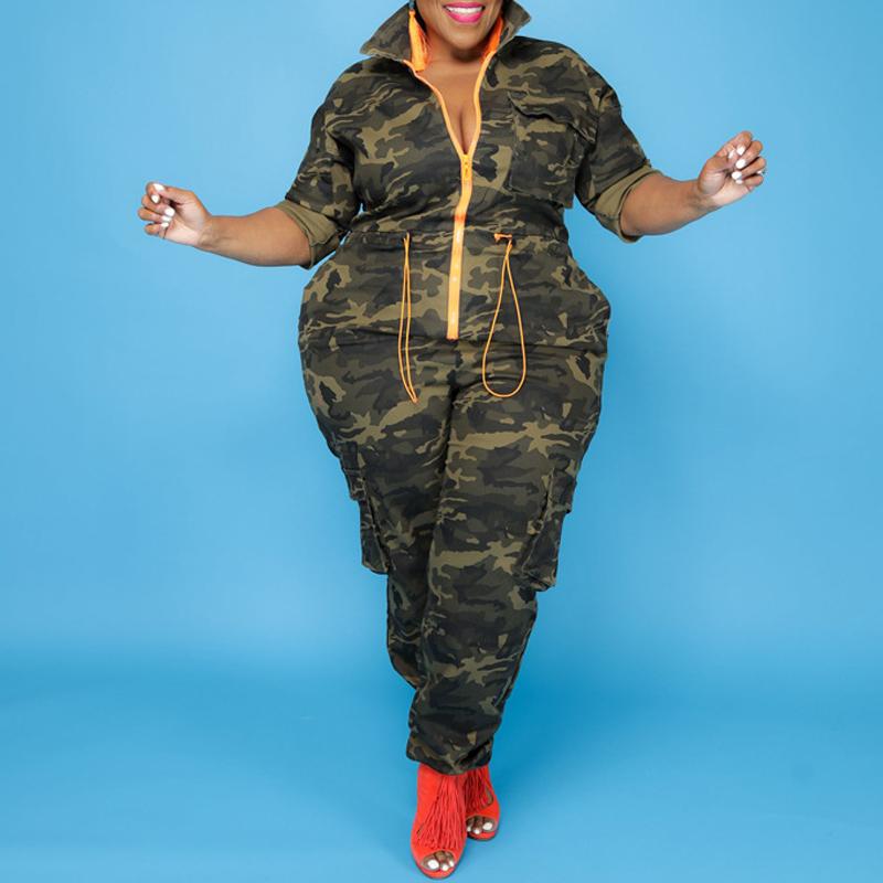 Plus Size Camouflage Print Zipper Drawstring Jumpsuit