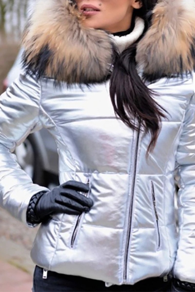 Plus Size Faux Fur Collar Hooded Zipper Down Coat