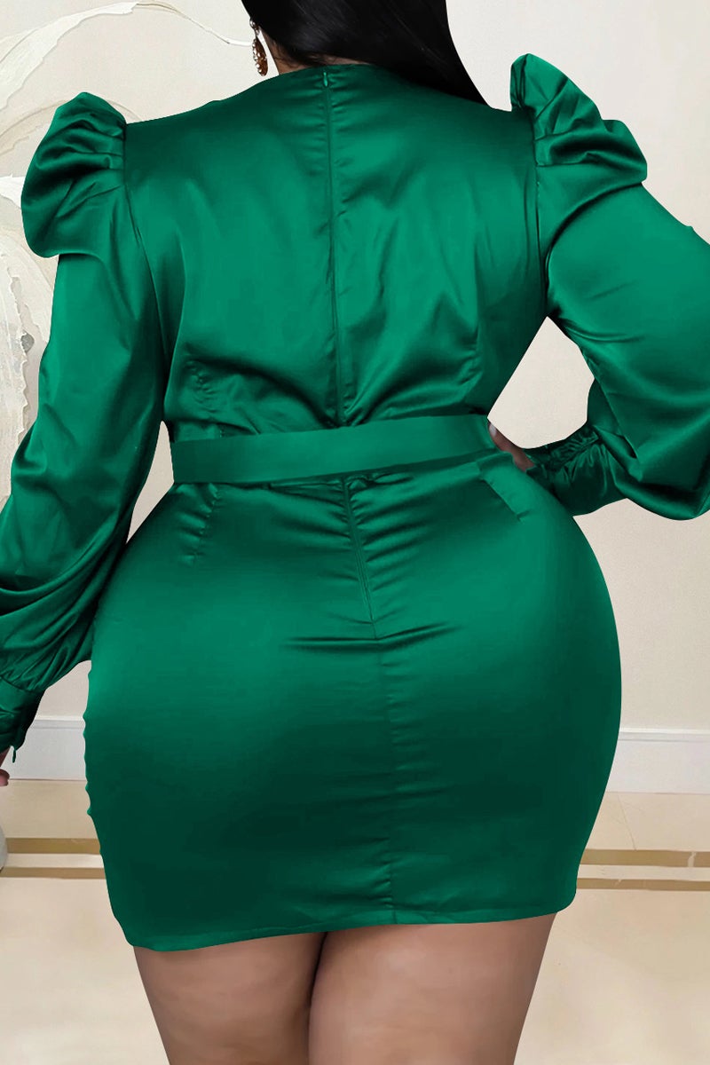 Plus Size Deep V-Neck Puff Sleeve Ruffle Dress