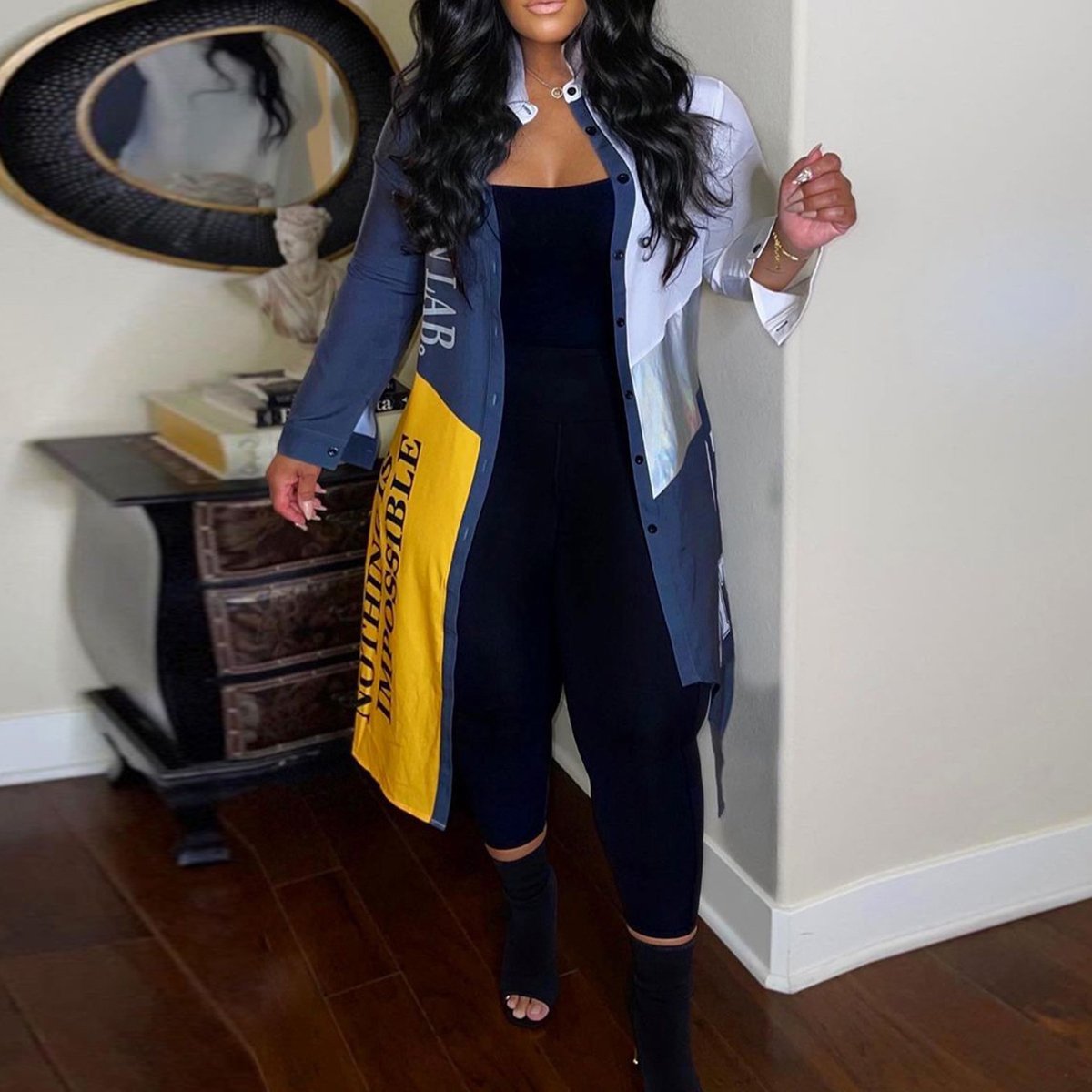 Plus Size Color Patchwork Irregular Hem Long Coat
