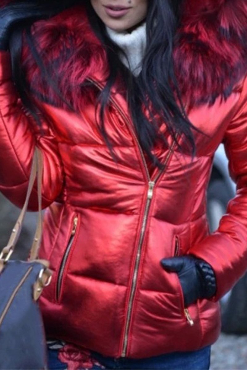 Plus Size Faux Fur Collar Hooded Zipper Down Coat