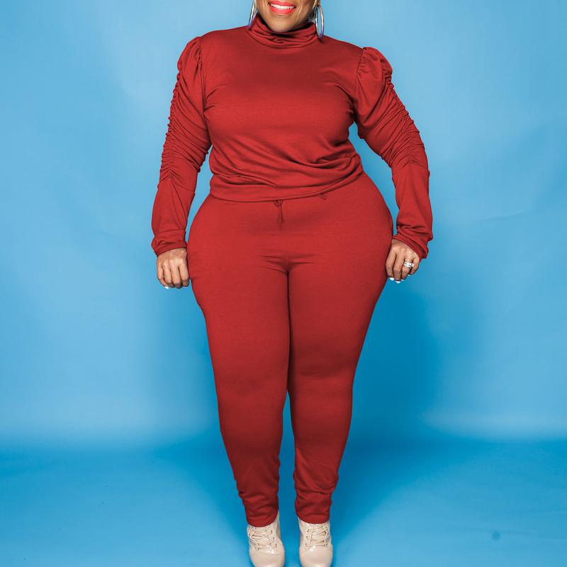 Plus Size Cowl Neck Wrinkled Two Piece Sets