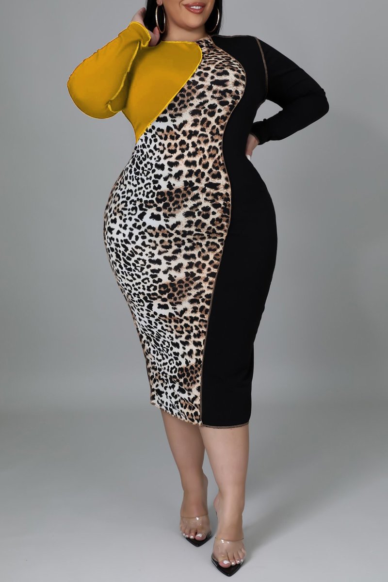 Plus Size Color Patchwork Leopard Print Midi Dress