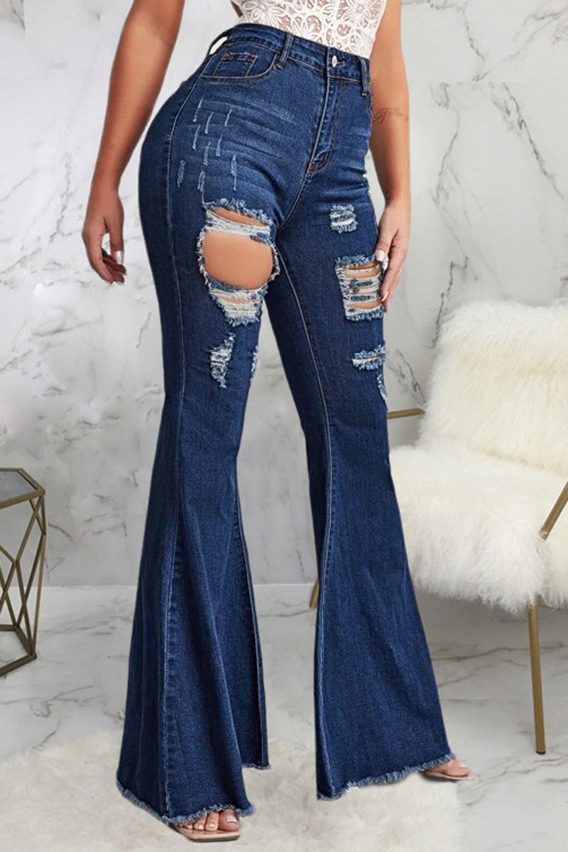 Plus Size Denim Hole Distressed Flared Jeans