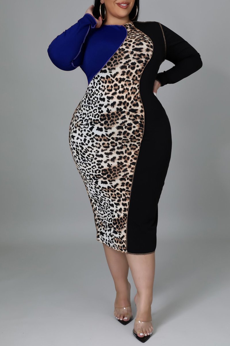 Plus Size Color Patchwork Leopard Print Midi Dress