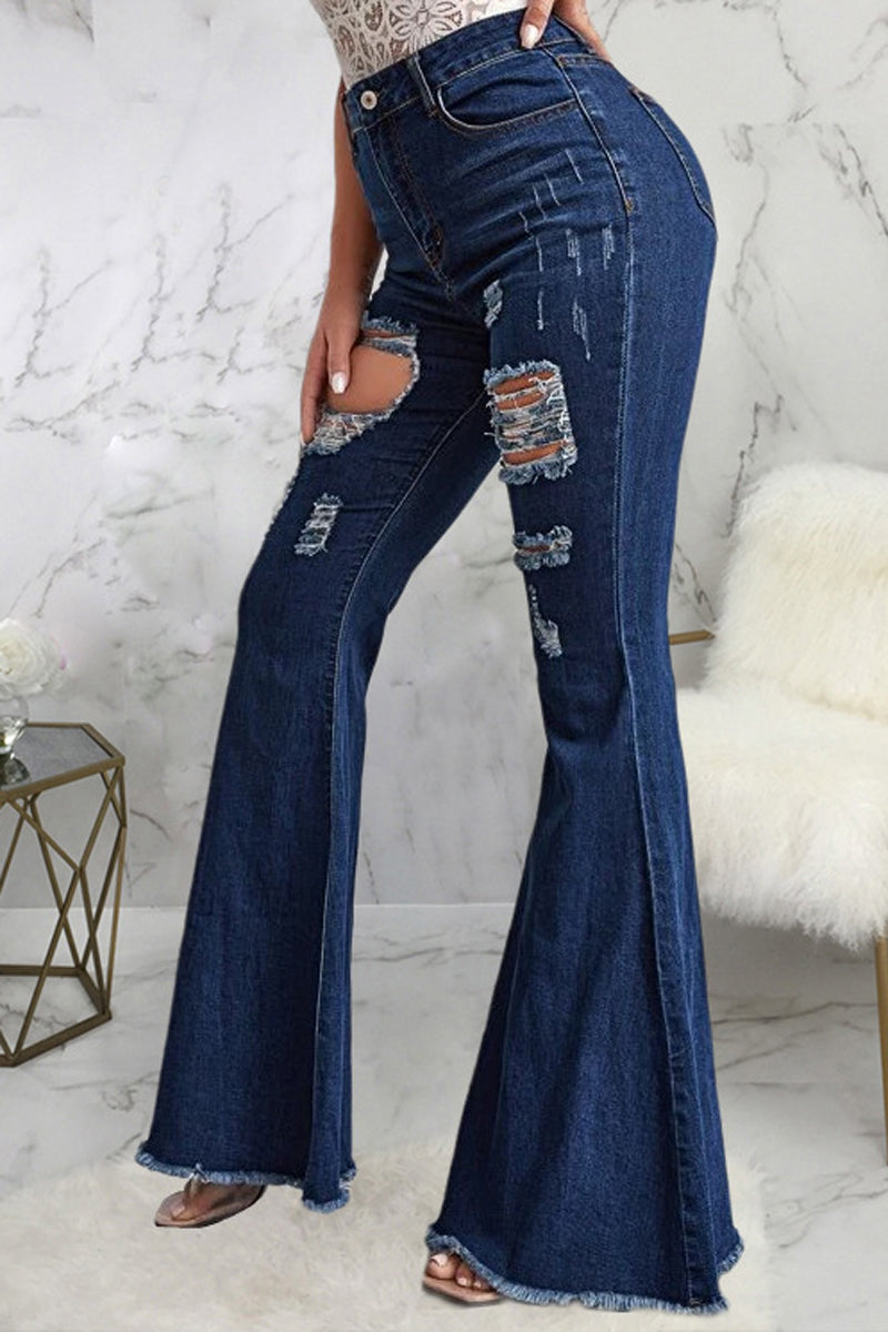 Plus Size Denim Hole Distressed Flared Jeans
