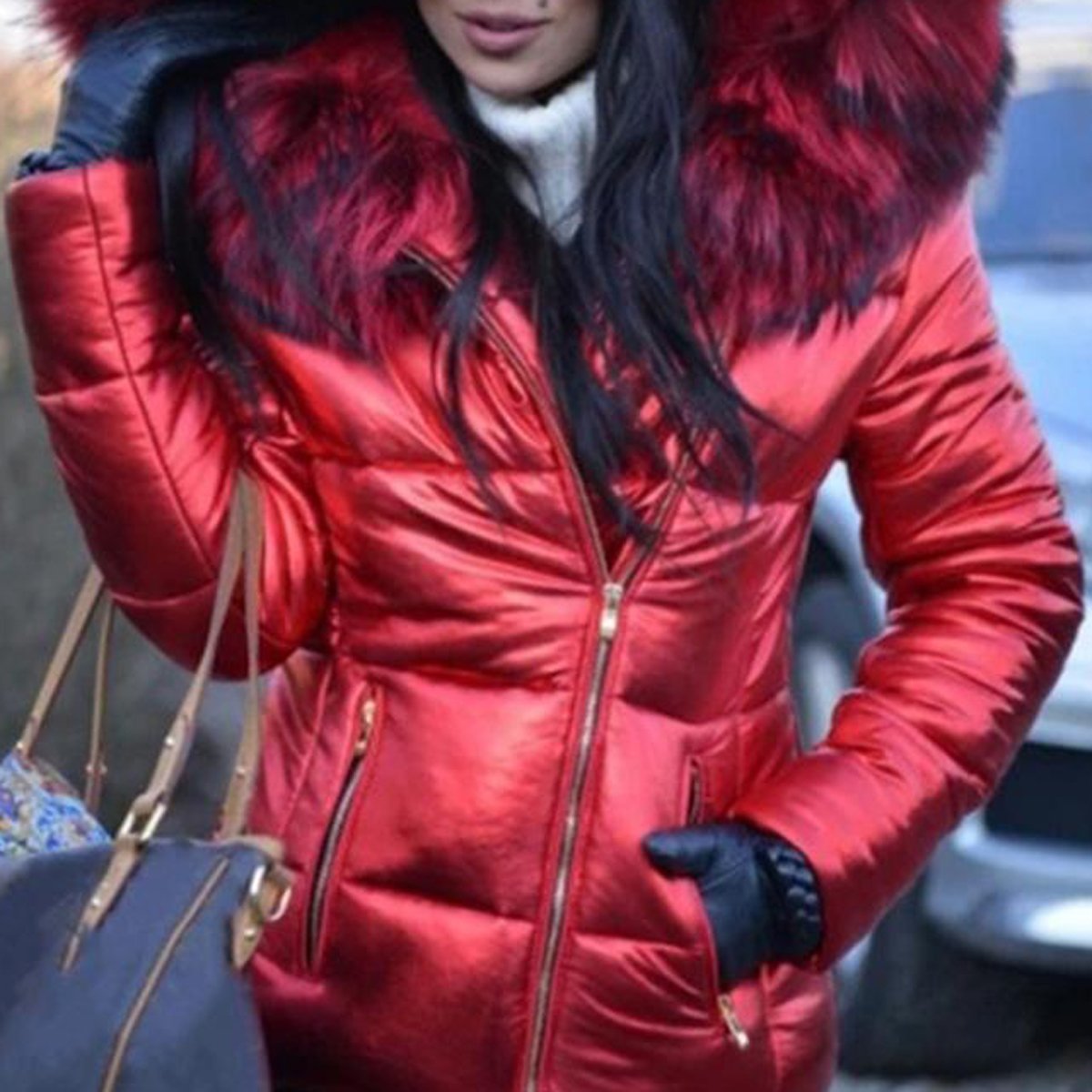 Plus Size Faux Fur Collar Hooded Zipper Down Coat