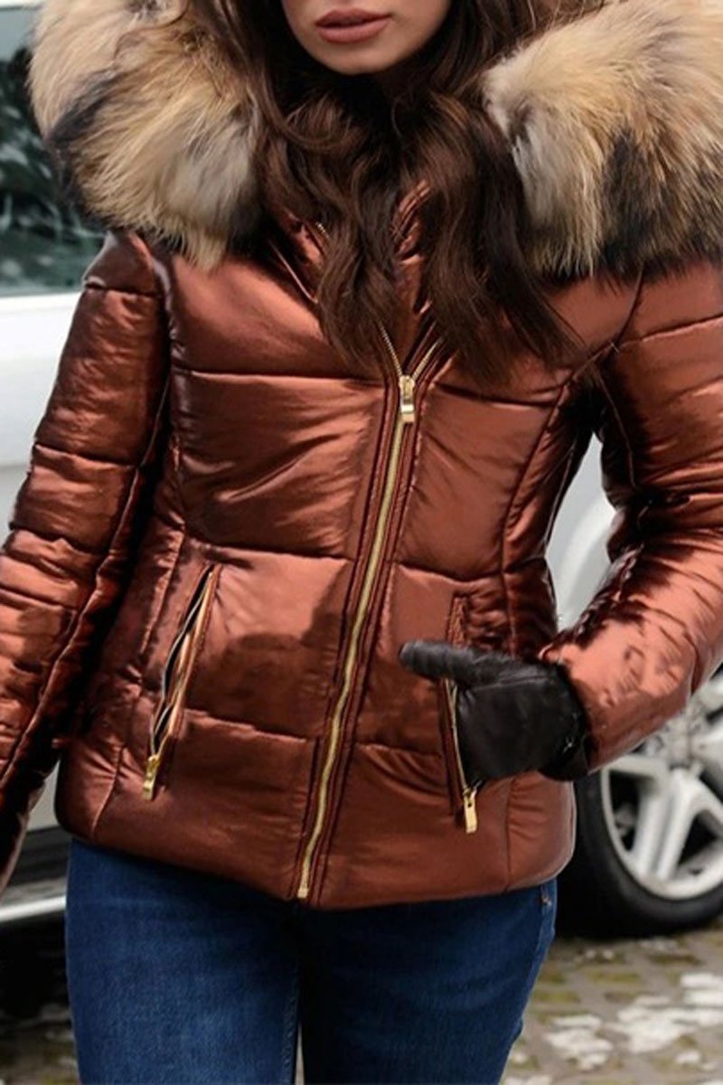 Plus Size Faux Fur Collar Hooded Zipper Down Coat