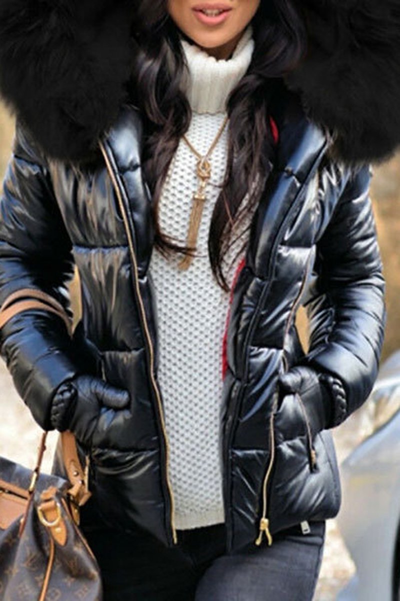 Plus Size Faux Fur Collar Hooded Zipper Down Coat