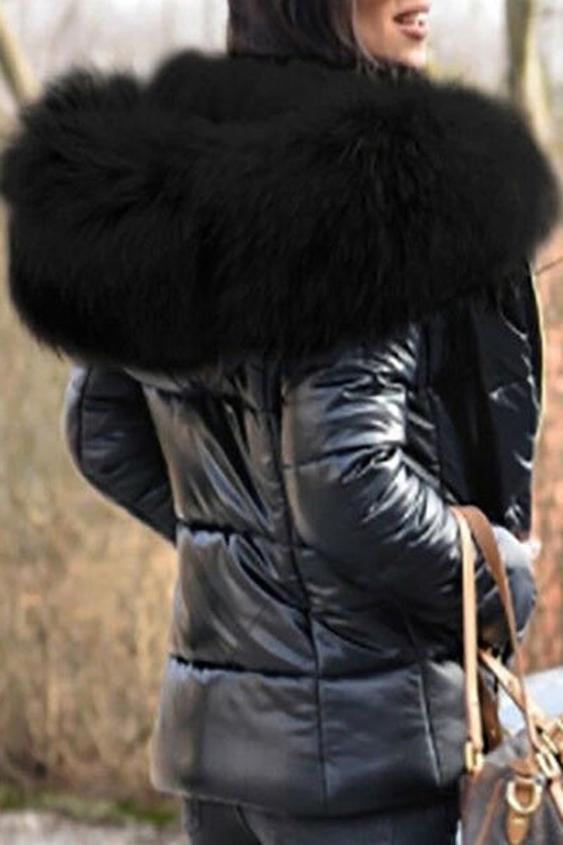 Plus Size Faux Fur Collar Hooded Zipper Down Coat