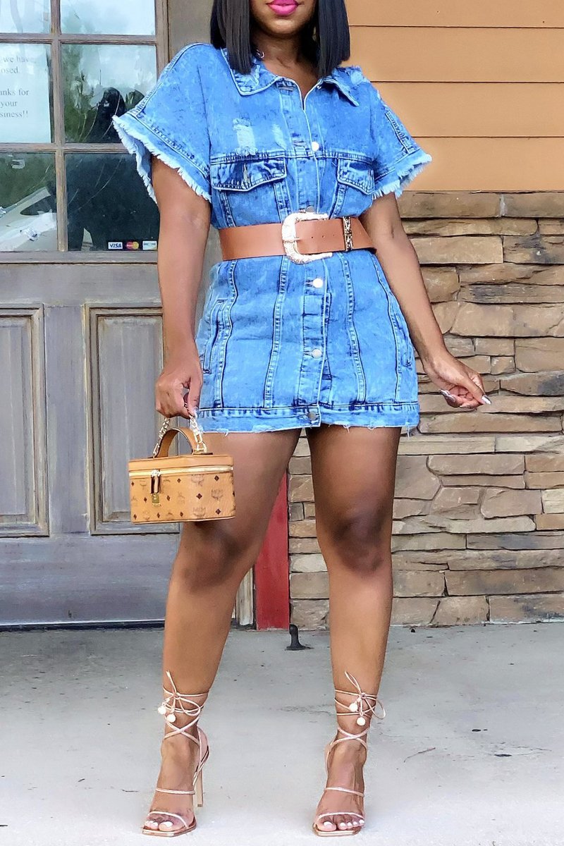 Plus Size Denim Button Up Pocket Mini Dress
