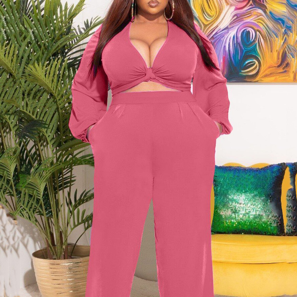 Plus Size Deep V-Neck Twisted Solid Two Piece Sets