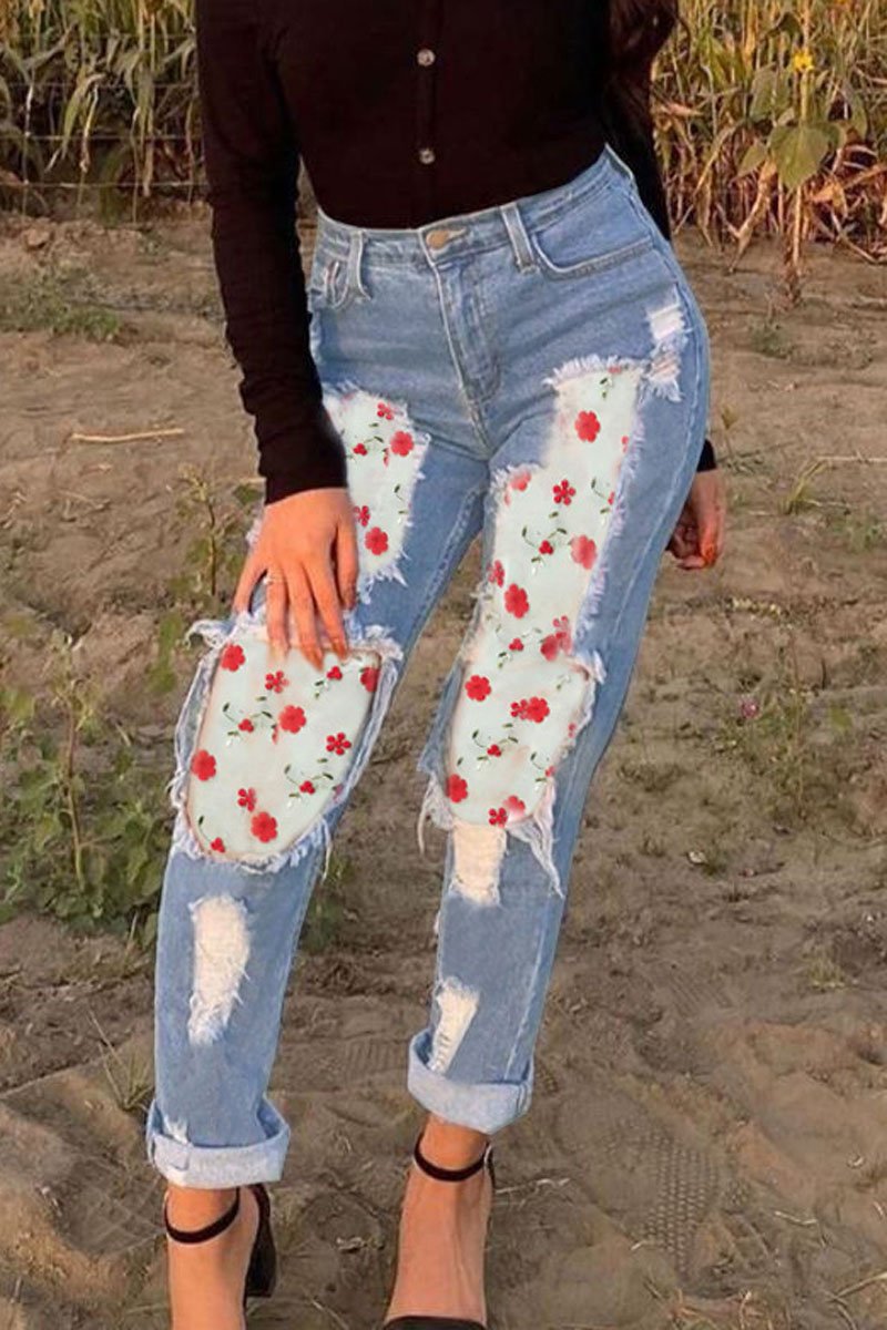Plus Size Floral Print Patchwork Denim Pants