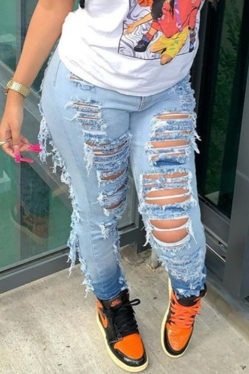 Plus Size Denim Hole Distressed Ombre Jeans