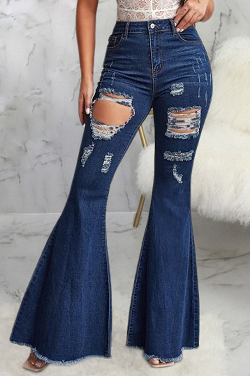 Plus Size Denim Hole Distressed Flared Jeans