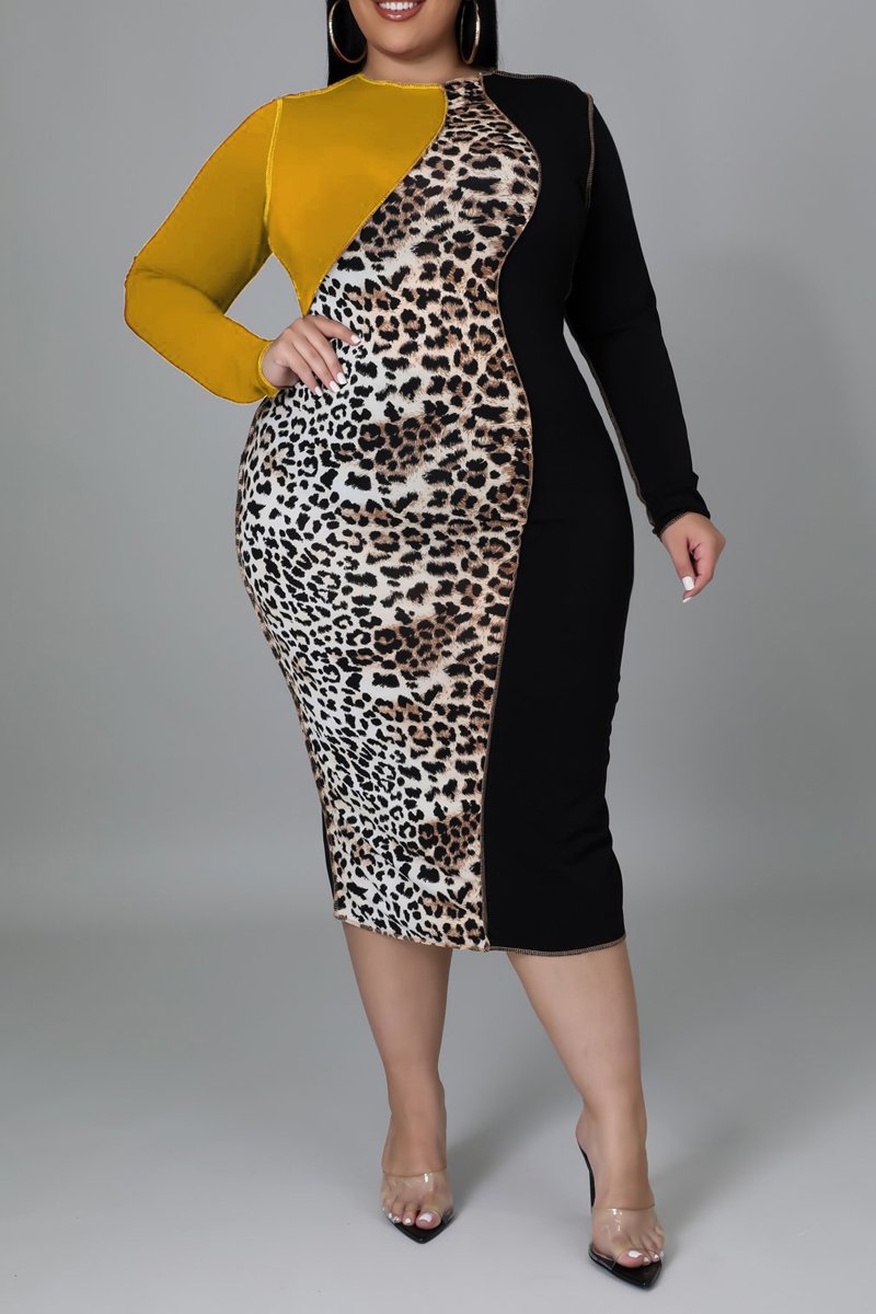 Plus Size Color Patchwork Leopard Print Midi Dress