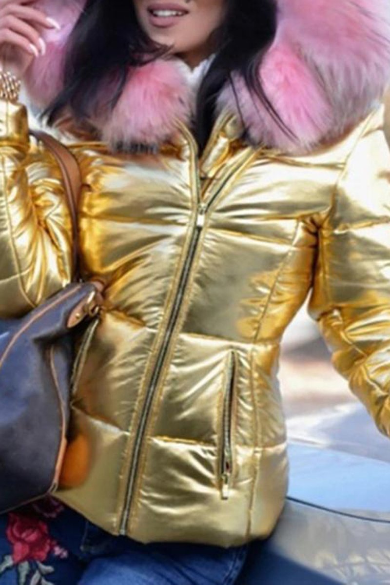 Plus Size Faux Fur Collar Hooded Zipper Down Coat
